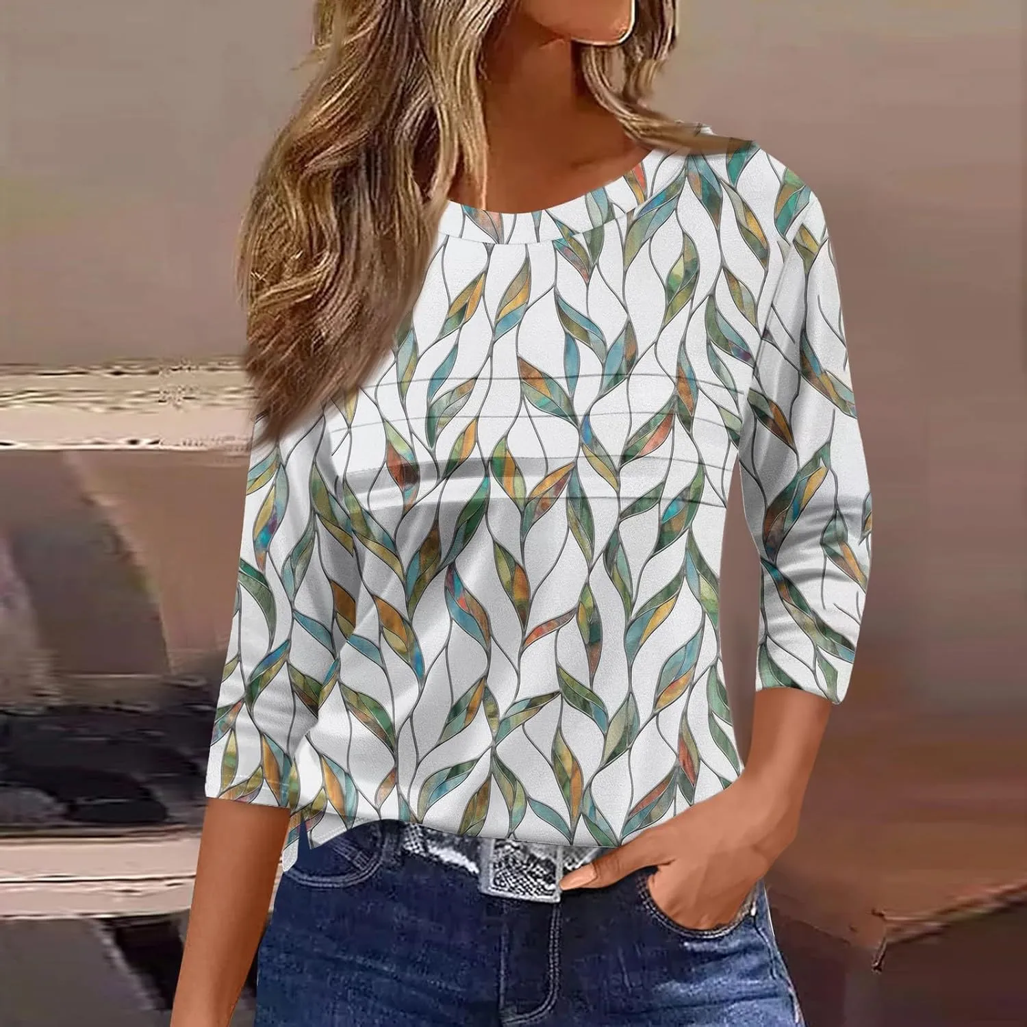 Women's Fashion Casual Loose 3/4 Sleeve Striped Printed Round Neck Top