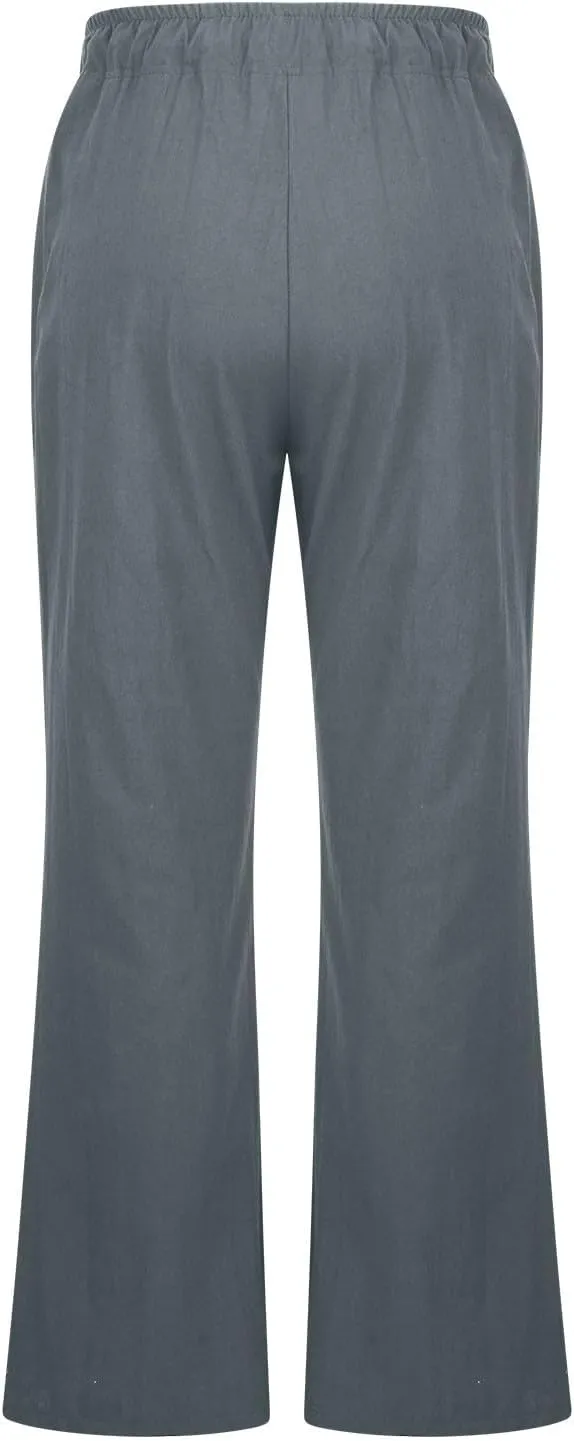 Women's Flare Pants Linen Casual Summer Pants High Waistd Comfy Pants Loose Trendy Work Pants with Pockets Trousers