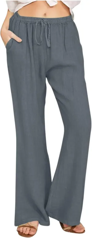 Women's Flare Pants Linen Casual Summer Pants High Waistd Comfy Pants Loose Trendy Work Pants with Pockets Trousers