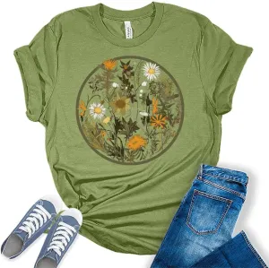 Womens Floral Shirts Trendy Wildflower Vintage Graphic Tees Butterfly Short Sleeve T Shirts Bella Summer Tops