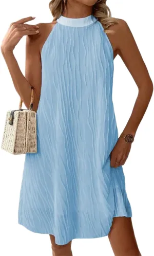 Womens Halter Dresses 2025 Summer Casual Sleeveless Textured Shift Dress Classy Light Blue Boho Wedding Guest Mini Dress