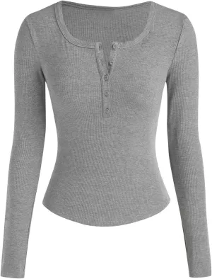 Women's Knit Ribbed Trendy Tops Quarter Button Long Sleeve Cropped Sweater Pullover Slim Sexy Workout Shirts