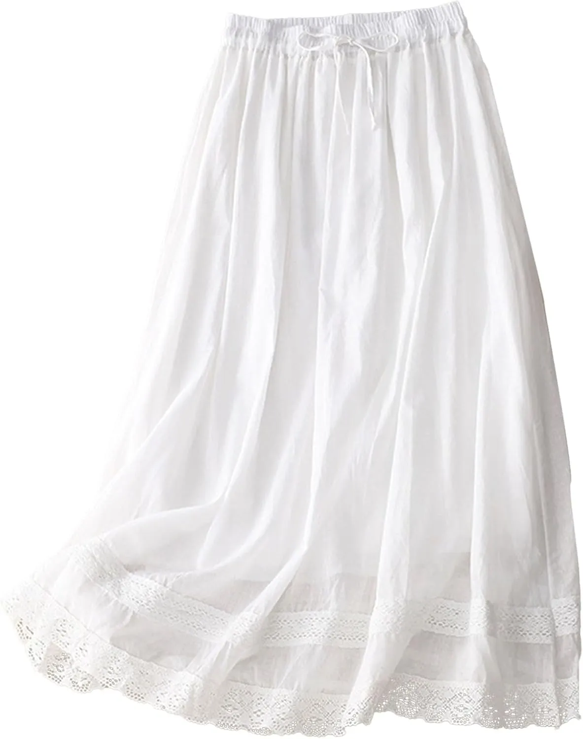 Women's Lace Cotton Linen Skirt Trendy Lightweight Midi Length Skirt Drawstring Waist A Line Beach Flowy Long Skirts