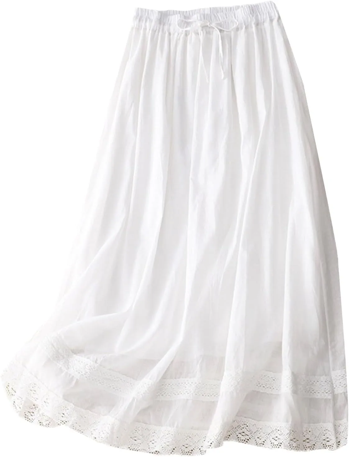 Women's Lace Cotton Linen Skirt Trendy Lightweight Midi Length Skirt Drawstring Waist A Line Beach Flowy Long Skirts