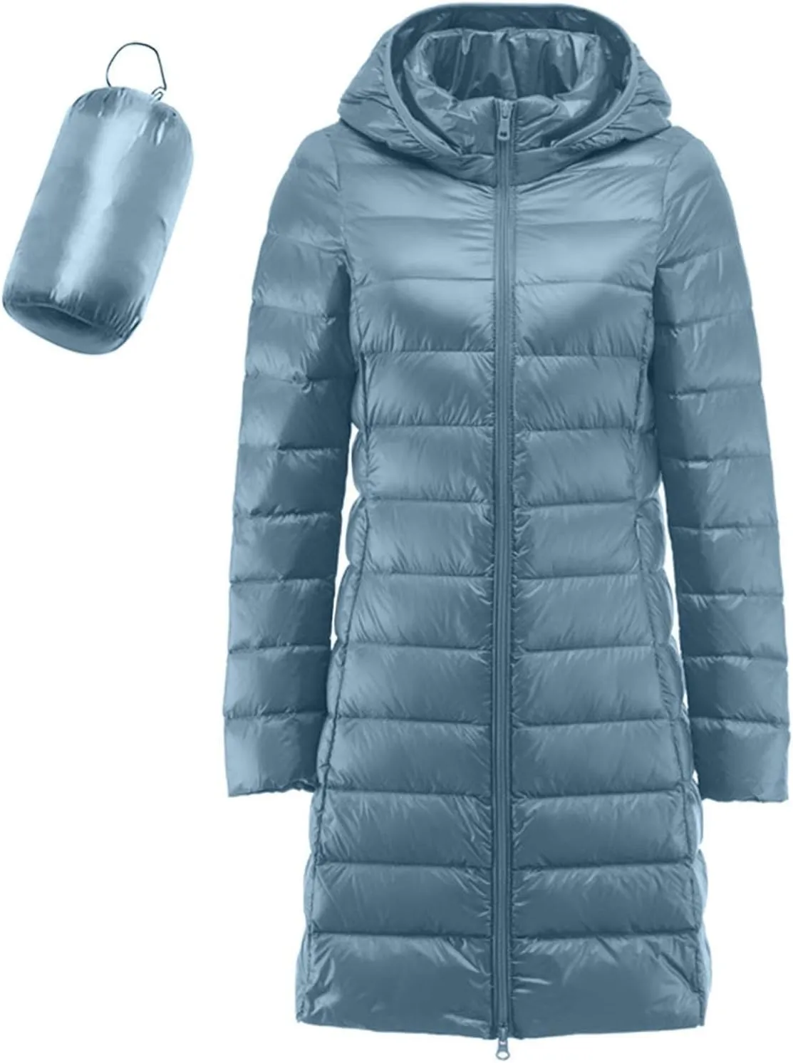 Women's Lightweight Hooded Down Jacket Winter Warm Packable Puffer Insulated Coats Slim Fit Mid Length Down Coat