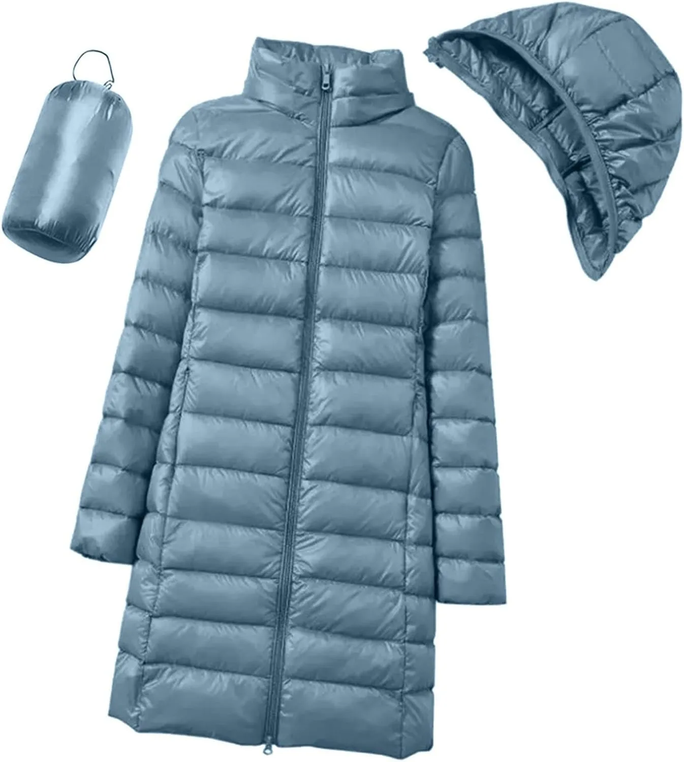 Women's Lightweight Hooded Down Jacket Winter Warm Packable Puffer Insulated Coats Slim Fit Mid Length Down Coat
