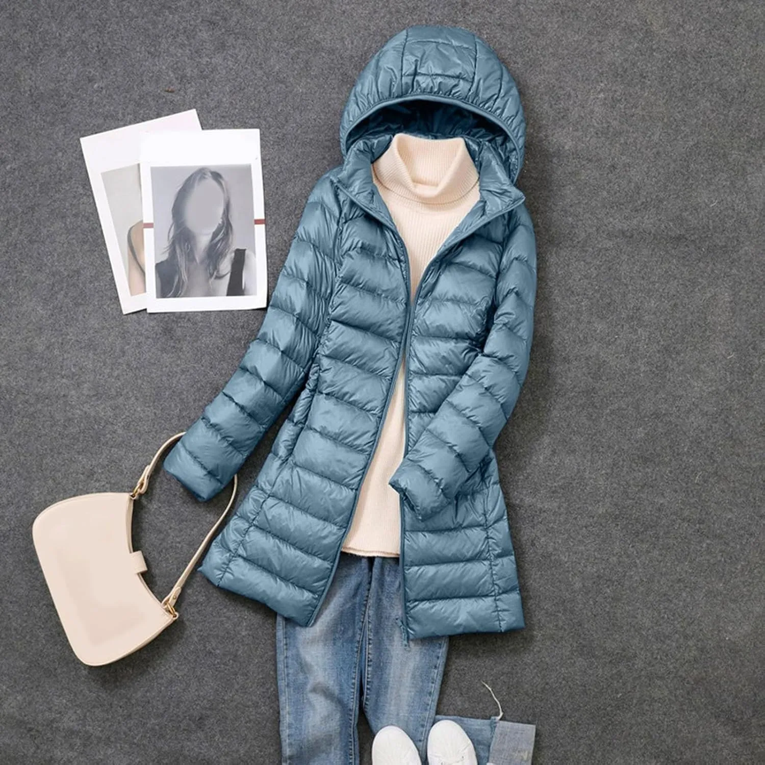 Women's Lightweight Hooded Down Jacket Winter Warm Packable Puffer Insulated Coats Slim Fit Mid Length Down Coat