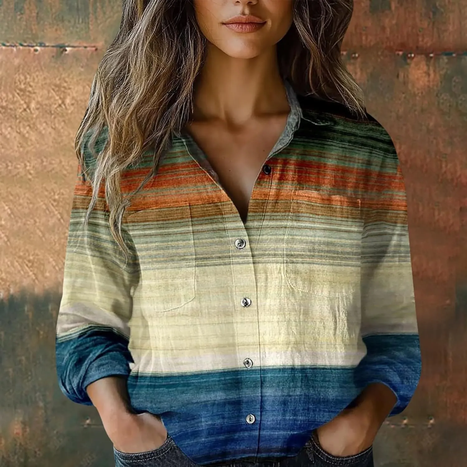Womens Linen Button Down Shirts Long Sleeve Cotton Gauze Tops Floral Printed Casual Collared Loose Fit Blouses