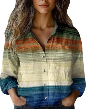 Womens Linen Button Down Shirts Long Sleeve Cotton Gauze Tops Floral Printed Casual Collared Loose Fit Blouses