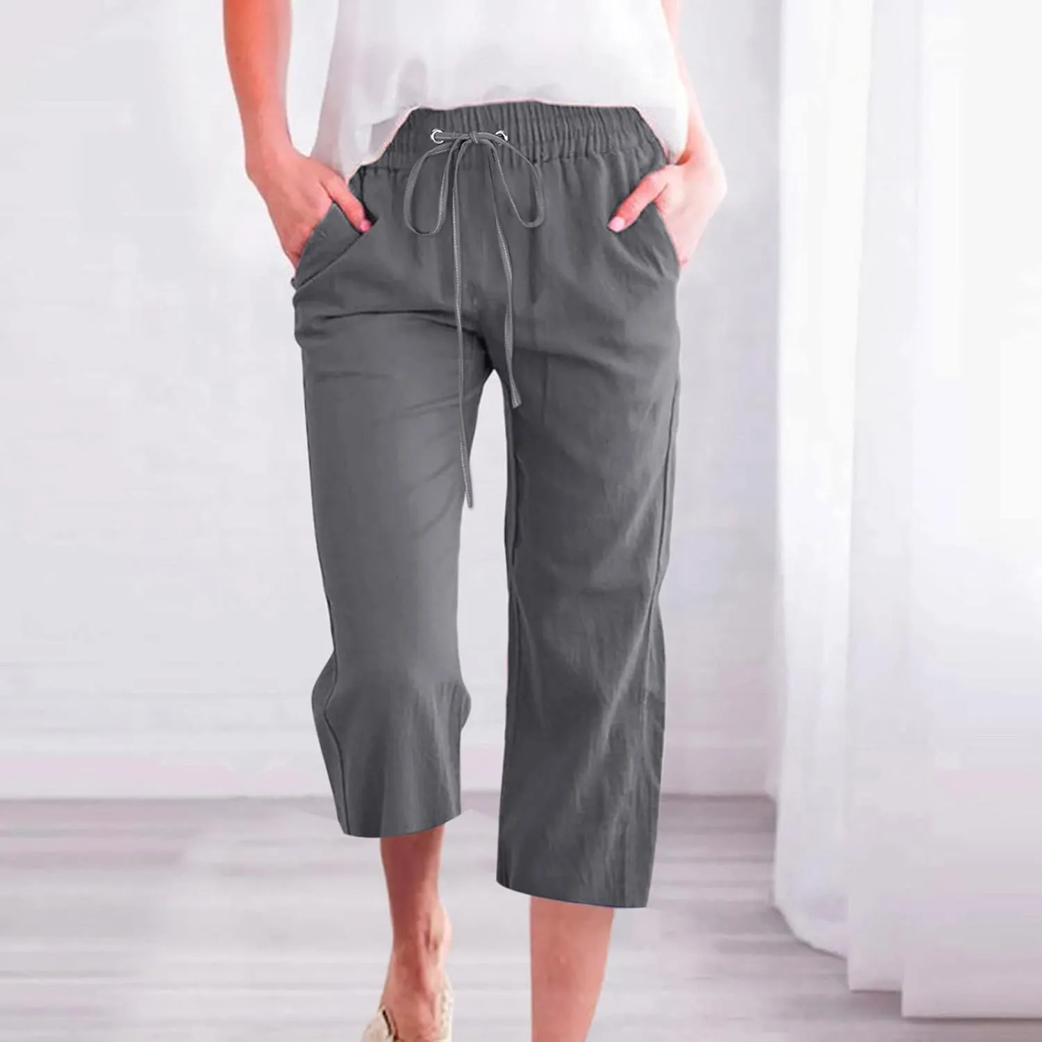 Women's Linen Capris Fashion Tapered Crop Pants Drawstring Elastic Waist Yoga Pants 2024 Casual Summer Pants