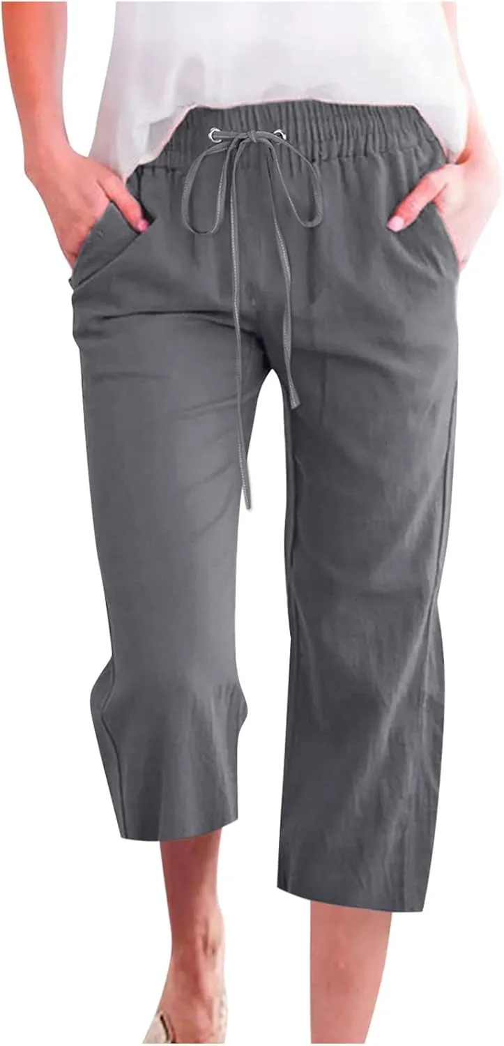 Women's Linen Capris Fashion Tapered Crop Pants Drawstring Elastic Waist Yoga Pants 2024 Casual Summer Pants