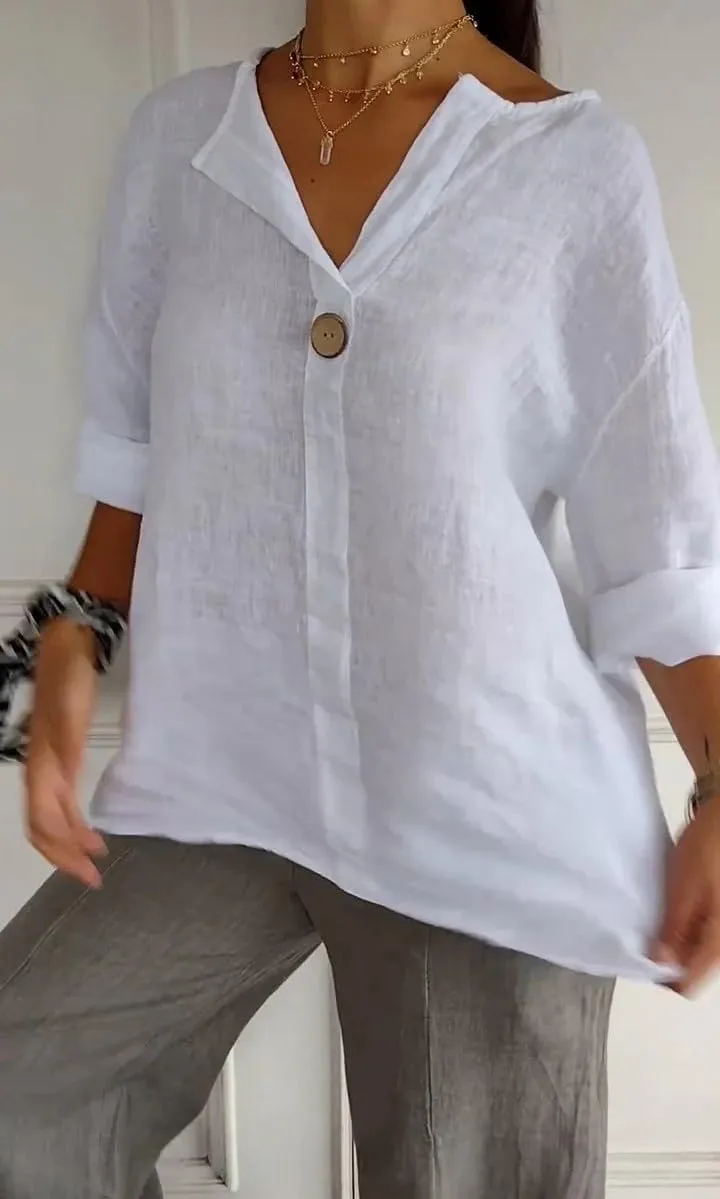 Women's Linen Shirt Button Down V Neck Solid Blouse 3/4 Sleeves Casual Loose Fit Tunic Tops Summer T Shirts