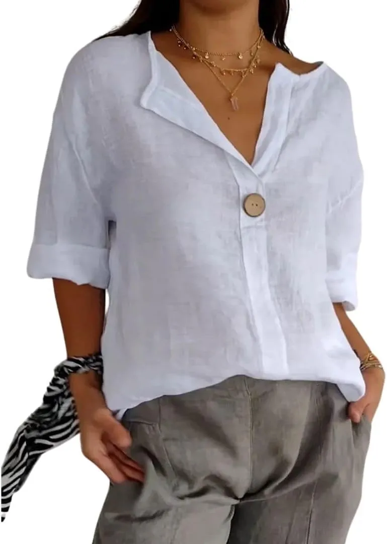 Women's Linen Shirt Button Down V Neck Solid Blouse 3/4 Sleeves Casual Loose Fit Tunic Tops Summer T Shirts
