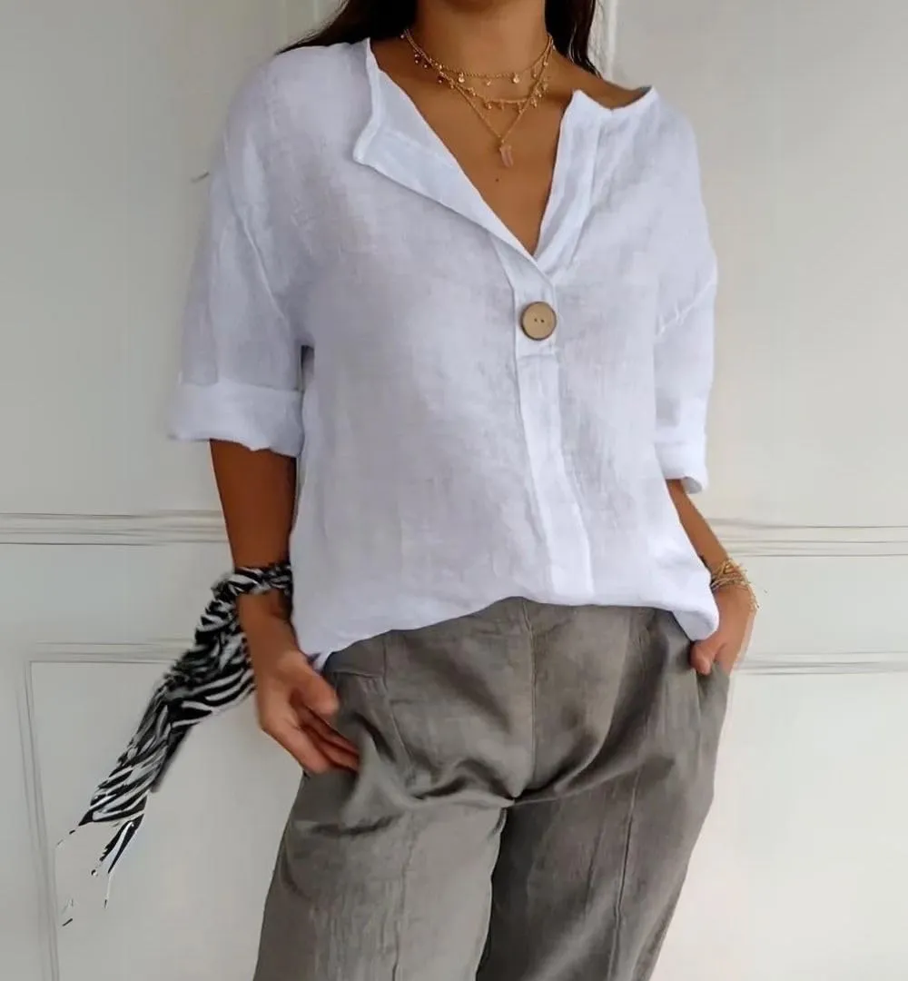 Women's Linen Shirt Button Down V Neck Solid Blouse 3/4 Sleeves Casual Loose Fit Tunic Tops Summer T Shirts