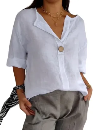 Women's Linen Shirt Button Down V Neck Solid Blouse 3/4 Sleeves Casual Loose Fit Tunic Tops Summer T Shirts