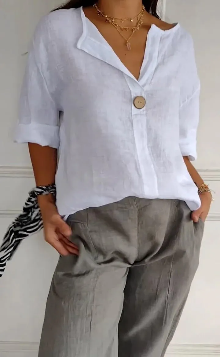 Women's Linen Shirt Button Down V Neck Solid Blouse 3/4 Sleeves Casual Loose Fit Tunic Tops Summer T Shirts