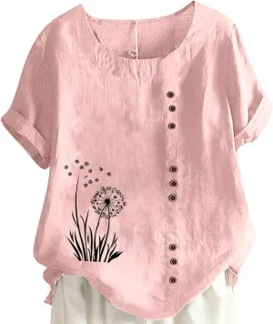 Womens Linen Tops Boho Floral Summer Casual Shirts Short Sleeve Crew Neck Loose Fit Comfy Cotton Tshirt for Women
