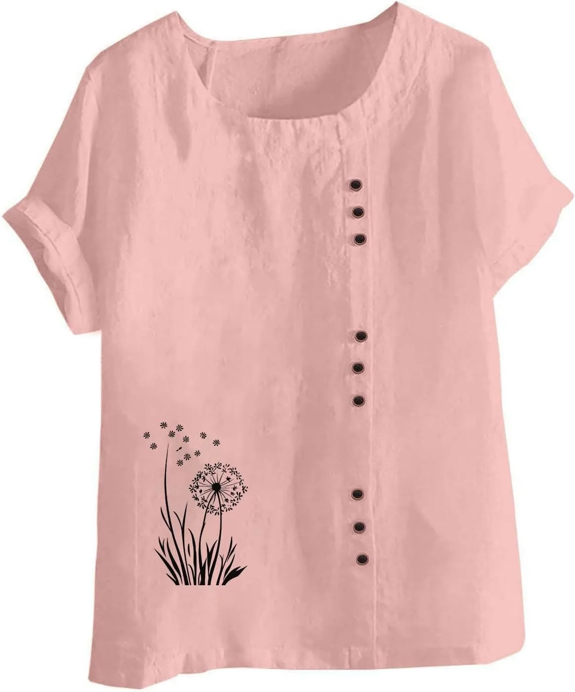 Womens Linen Tops Boho Floral Summer Casual Shirts Short Sleeve Crew Neck Loose Fit Comfy Cotton Tshirt for Women