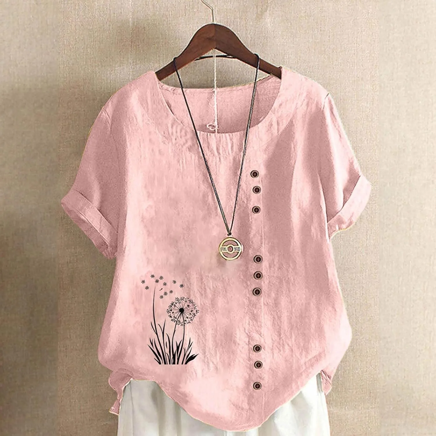 Womens Linen Tops Boho Floral Summer Casual Shirts Short Sleeve Crew Neck Loose Fit Comfy Cotton Tshirt for Women