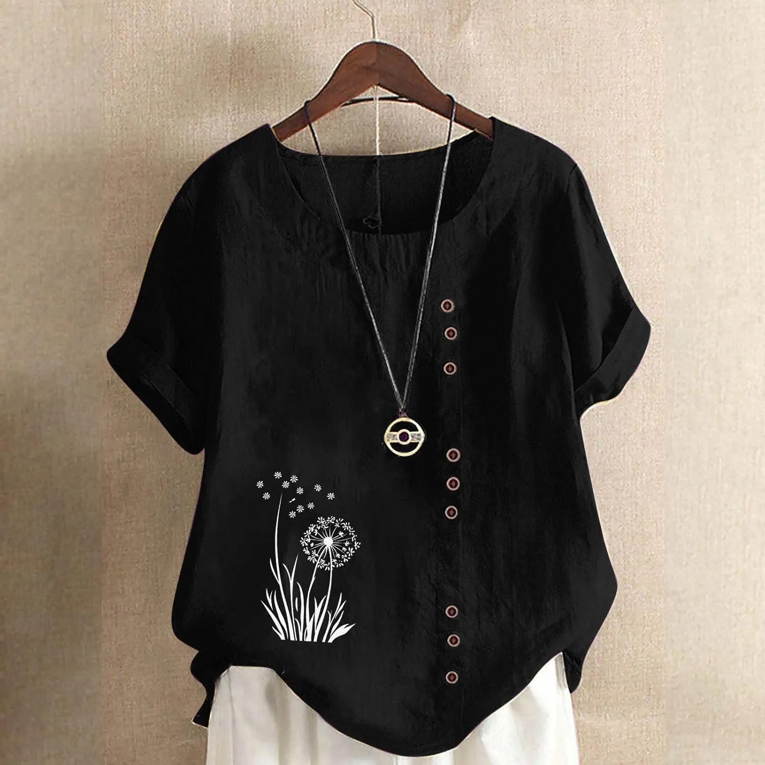 Womens Linen Tops Boho Floral Summer Casual Shirts Short Sleeve Crew Neck Loose Fit Comfy Cotton Tshirt for Women