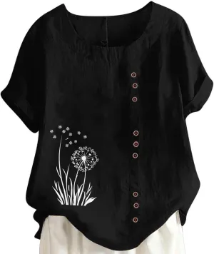 Womens Linen Tops Boho Floral Summer Casual Shirts Short Sleeve Crew Neck Loose Fit Comfy Cotton Tshirt for Women