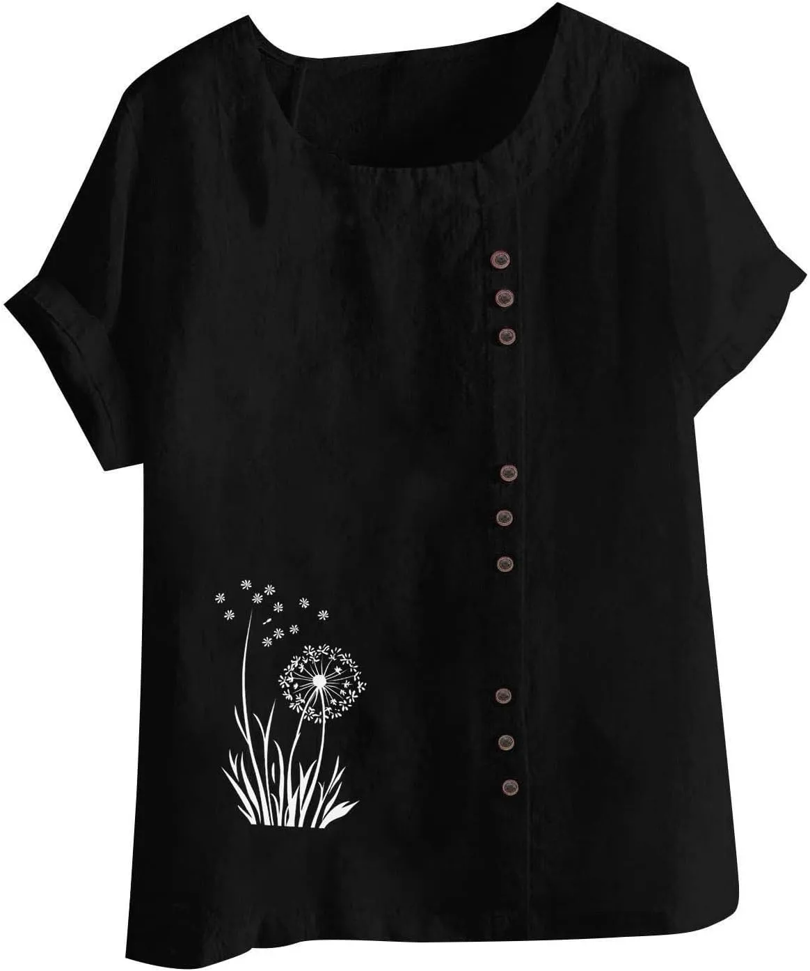 Womens Linen Tops Boho Floral Summer Casual Shirts Short Sleeve Crew Neck Loose Fit Comfy Cotton Tshirt for Women