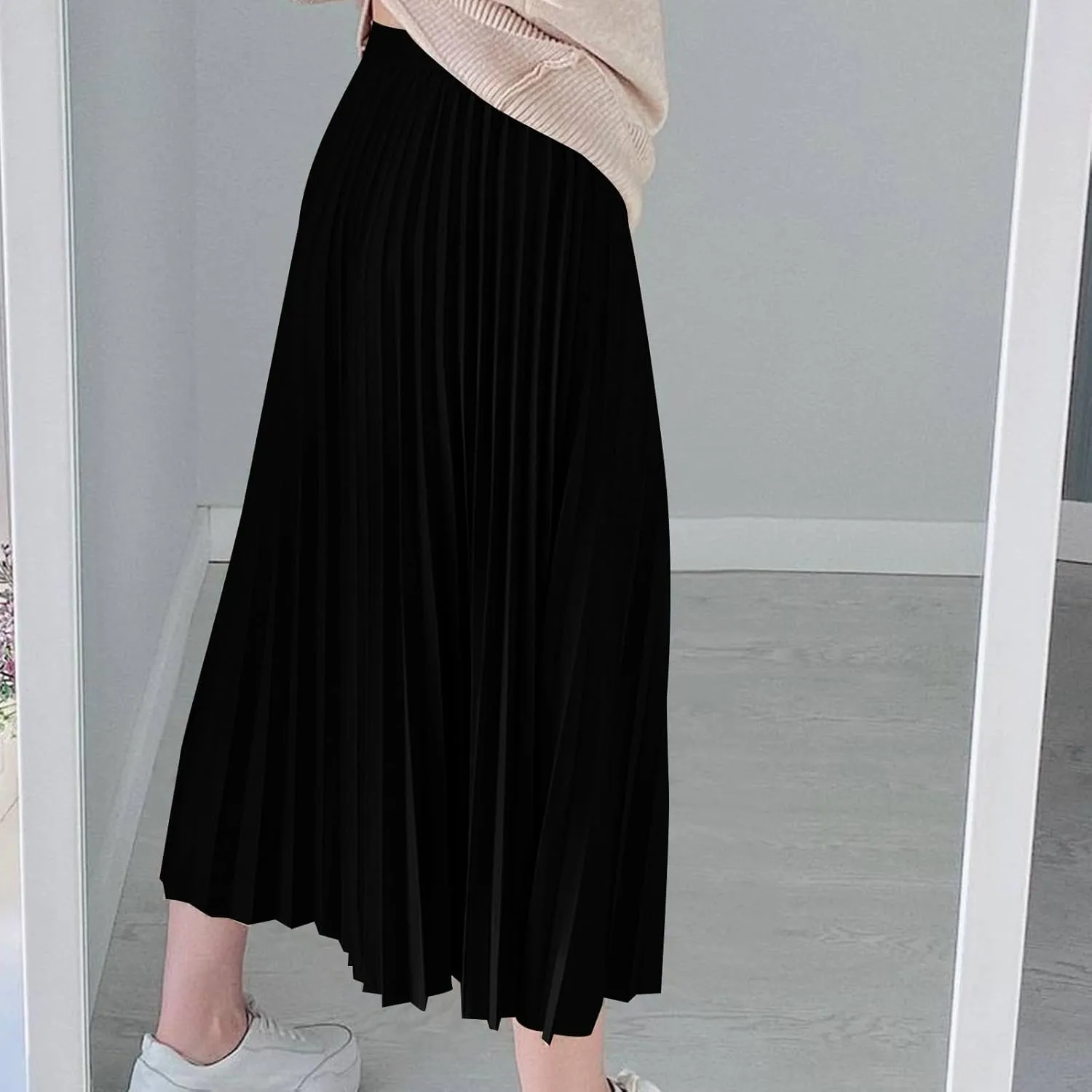 Womens Long Satin Summer Skirt Silk Elegant High Waist Cocktail Party Wedding Pleated Flared A-Line Midi Skirts