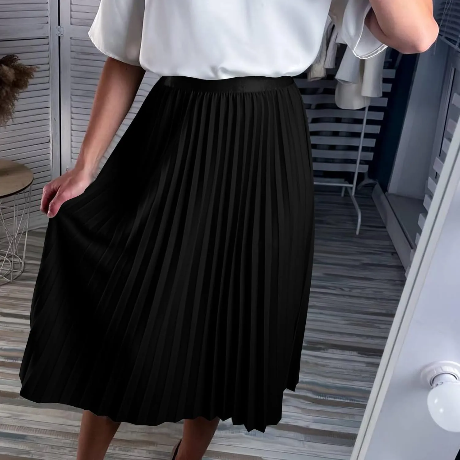 Womens Long Satin Summer Skirt Silk Elegant High Waist Cocktail Party Wedding Pleated Flared A-Line Midi Skirts