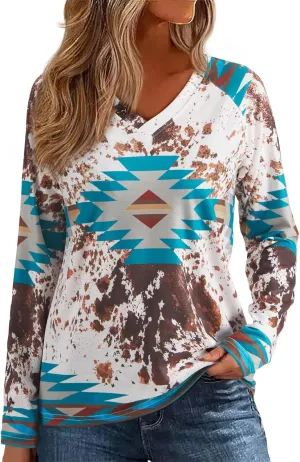 Womens Long Sleeve T Shirts Aztec Cow Print Western Henley Tops Ladies Graphic Tees Casual V Neck Loose Fit Blouse