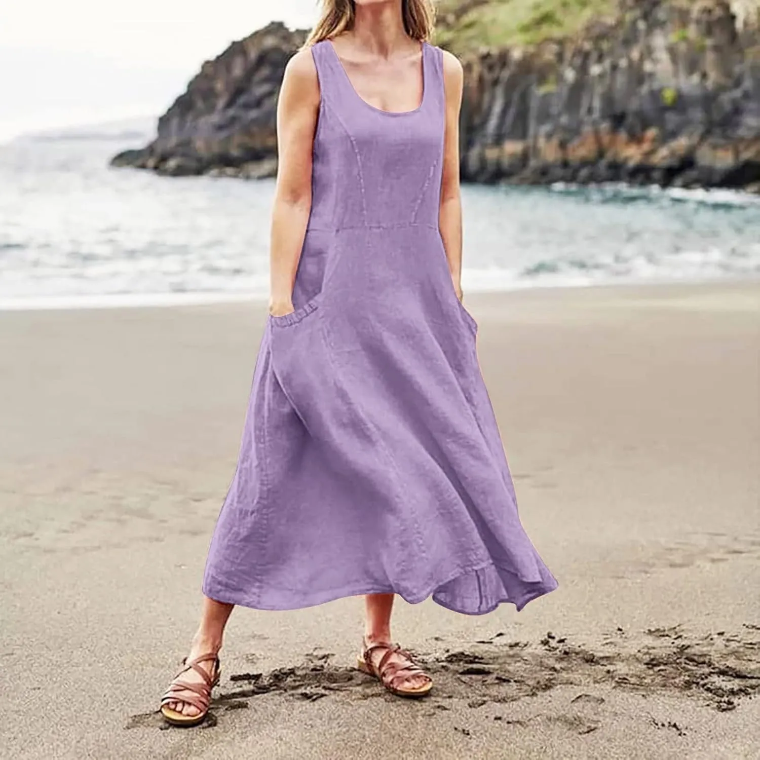 Women's Loose Cotton Linen Solid Plus Size Dress Print Boho Swing Oversized Loose Dress with Pockets