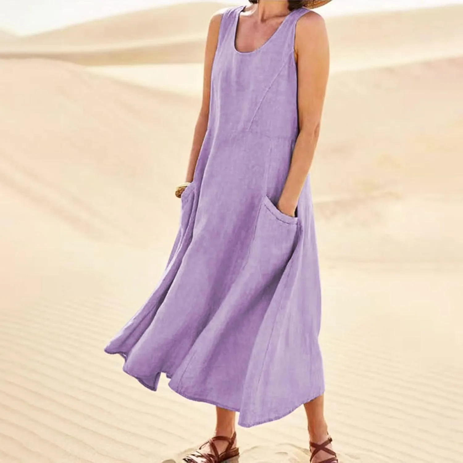 Women's Loose Cotton Linen Solid Plus Size Dress Print Boho Swing Oversized Loose Dress with Pockets
