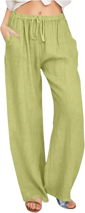 Women's Lounge Pants Linen Summer Palazzo Pants Flowy Wide Leg Pants Loose Casual Beach Pants with Pockets Trousers
