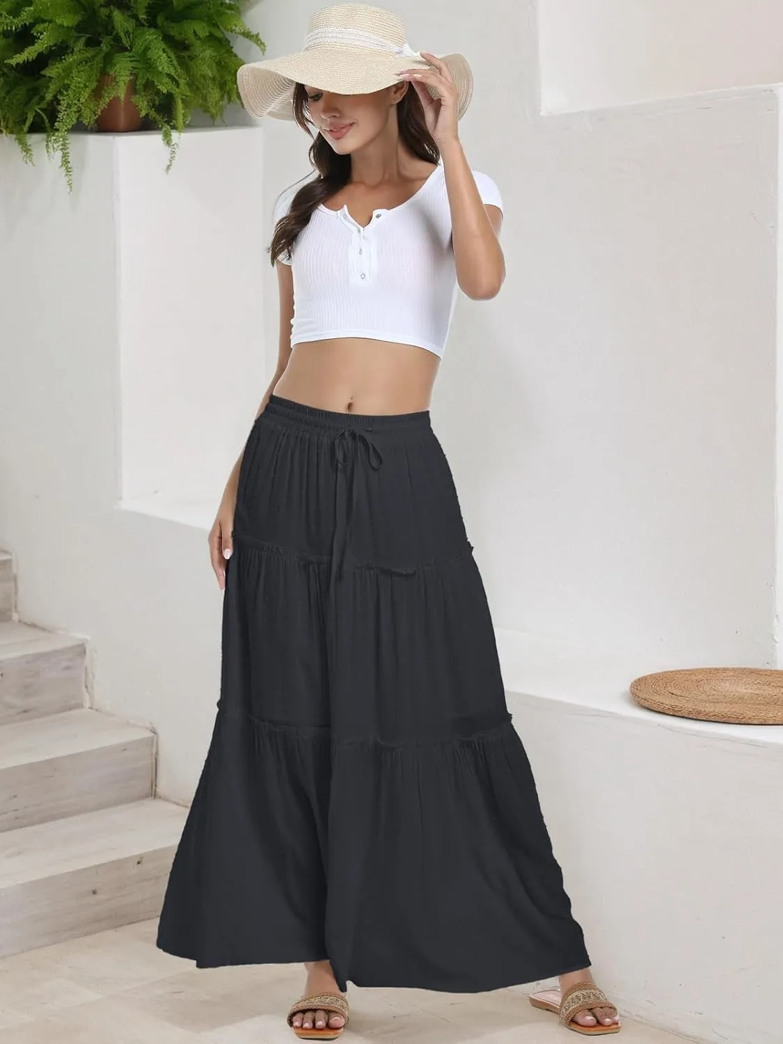 Women's Maxi Skirt Tiered Long Skirts A-Line High Waist Summer Vacation Boho Flowy Skirts 2025