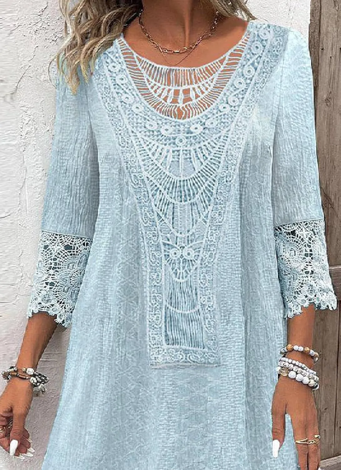 Women's Mini Dress Summer Classy 3/4 Sleeve Scoop Neck Lace Dress Casual Boho Party Beach Wedding Gust Dresses