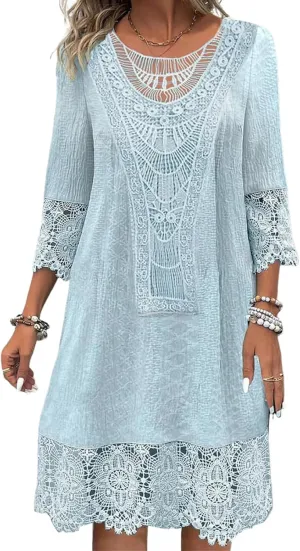 Women's Mini Dress Summer Classy 3/4 Sleeve Scoop Neck Lace Dress Casual Boho Party Beach Wedding Gust Dresses