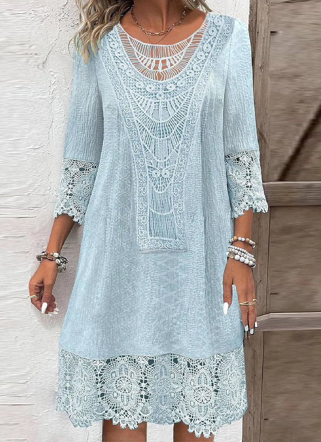 Women's Mini Dress Summer Classy 3/4 Sleeve Scoop Neck Lace Dress Casual Boho Party Beach Wedding Gust Dresses
