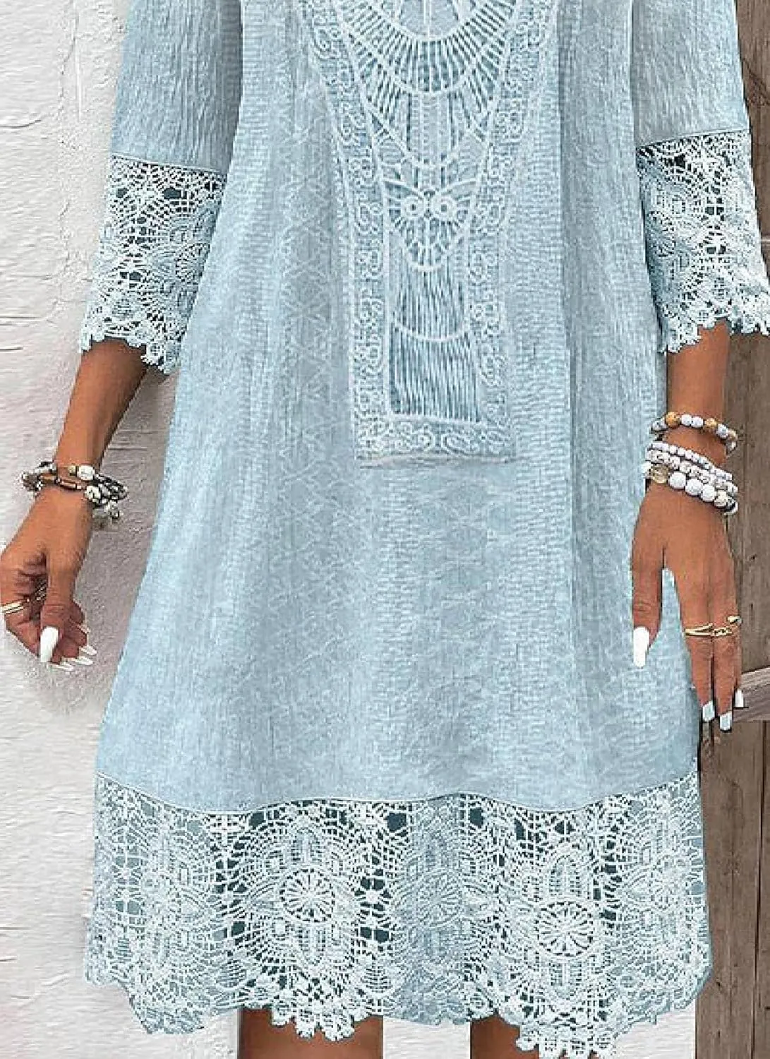 Women's Mini Dress Summer Classy 3/4 Sleeve Scoop Neck Lace Dress Casual Boho Party Beach Wedding Gust Dresses
