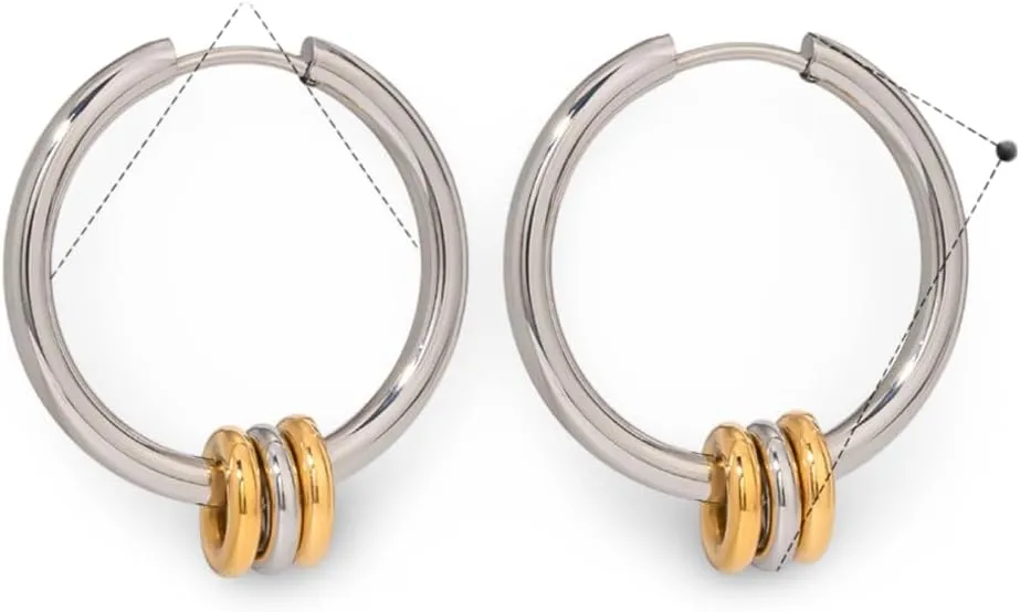 Women's Minimalist Two-Tone Stainless Steel Hoop Earrings with Triple Colorblock Ring Accents