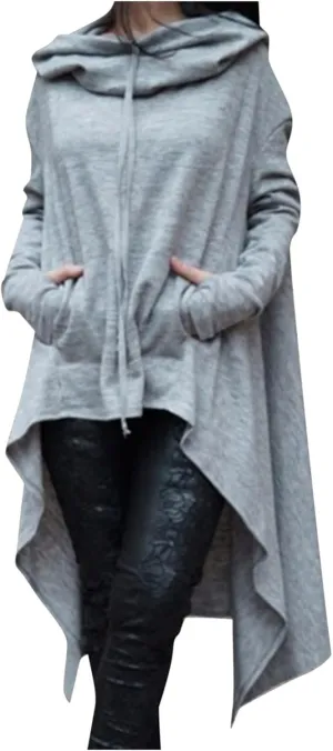 Women's Novelty Cowl Neck Sweatshirts Flowy Asymmetrical Hem Solid Hoodies Preppy Thumb Hole Oversized Pullover