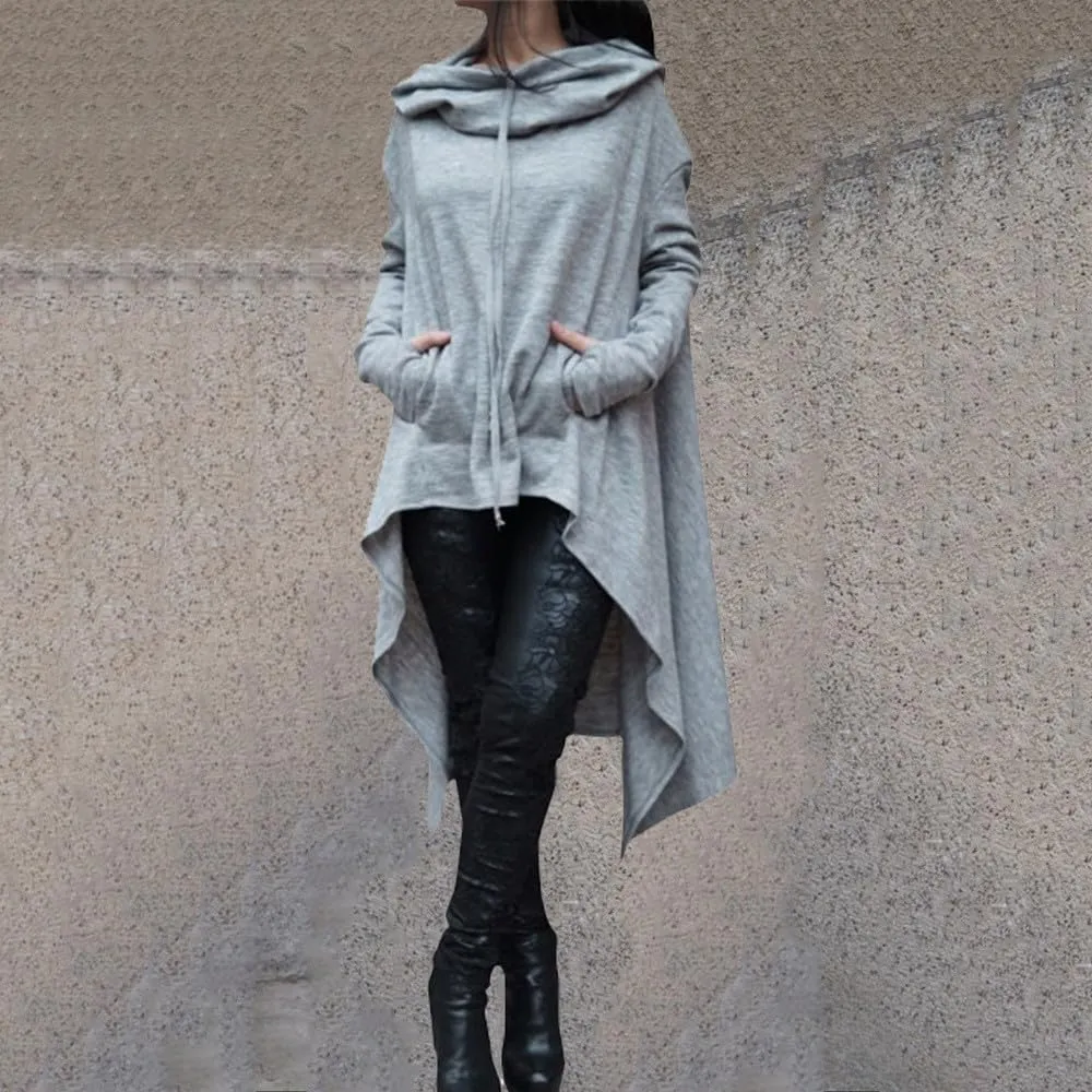 Women's Novelty Cowl Neck Sweatshirts Flowy Asymmetrical Hem Solid Hoodies Preppy Thumb Hole Oversized Pullover