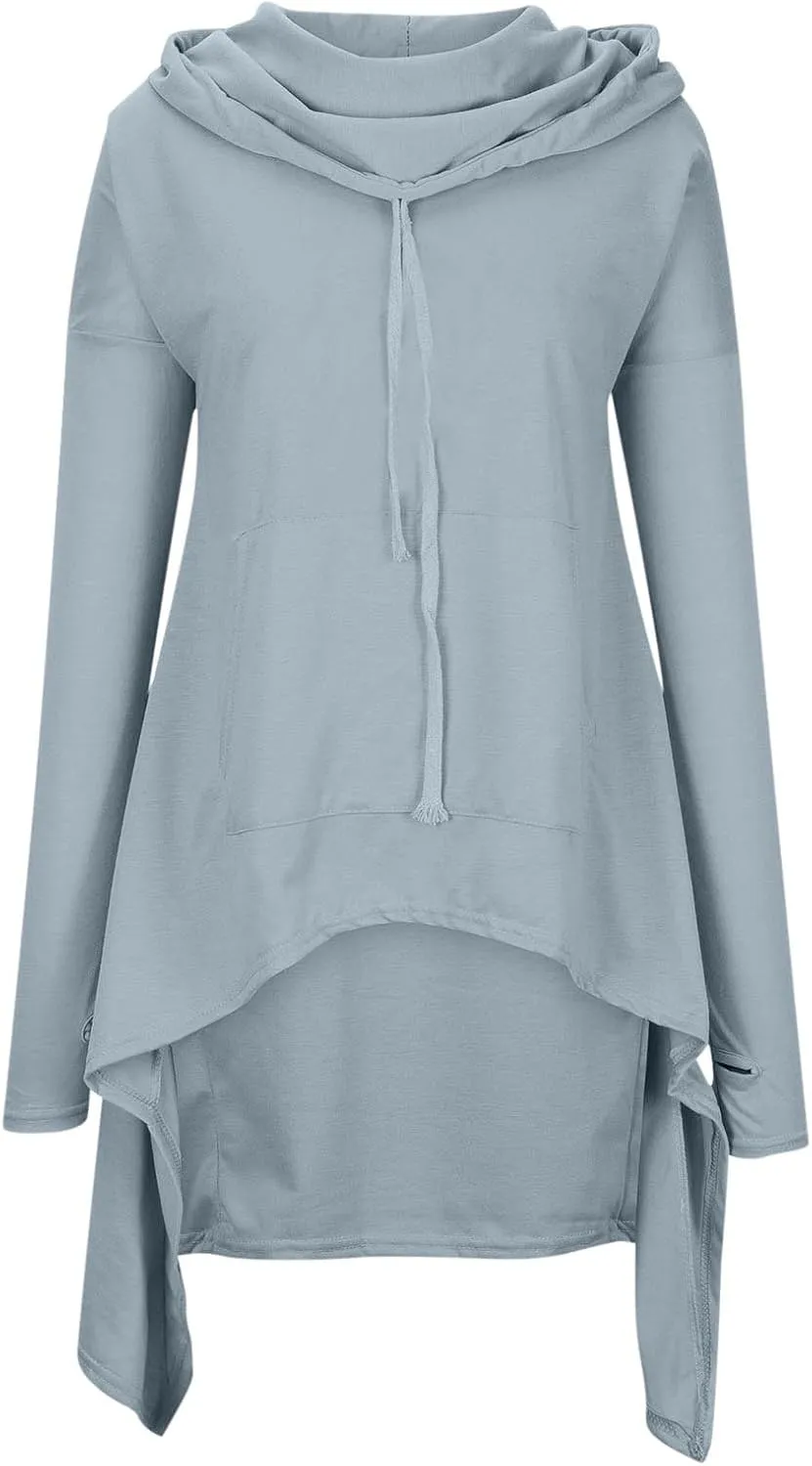 Women's Novelty Cowl Neck Sweatshirts Flowy Asymmetrical Hem Solid Hoodies Preppy Thumb Hole Oversized Pullover