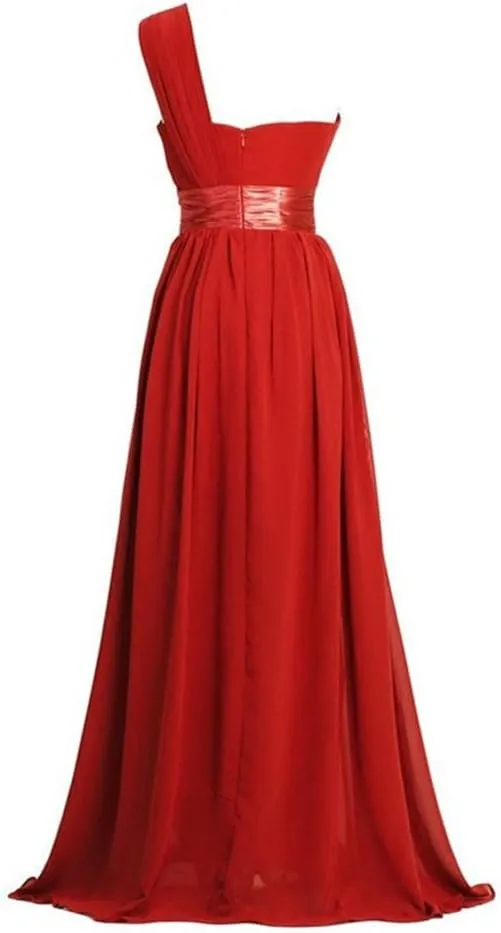 Women's One Shoulder Chiffon Long Evening Dress Floor Length Trailing Bridesmaid Gown