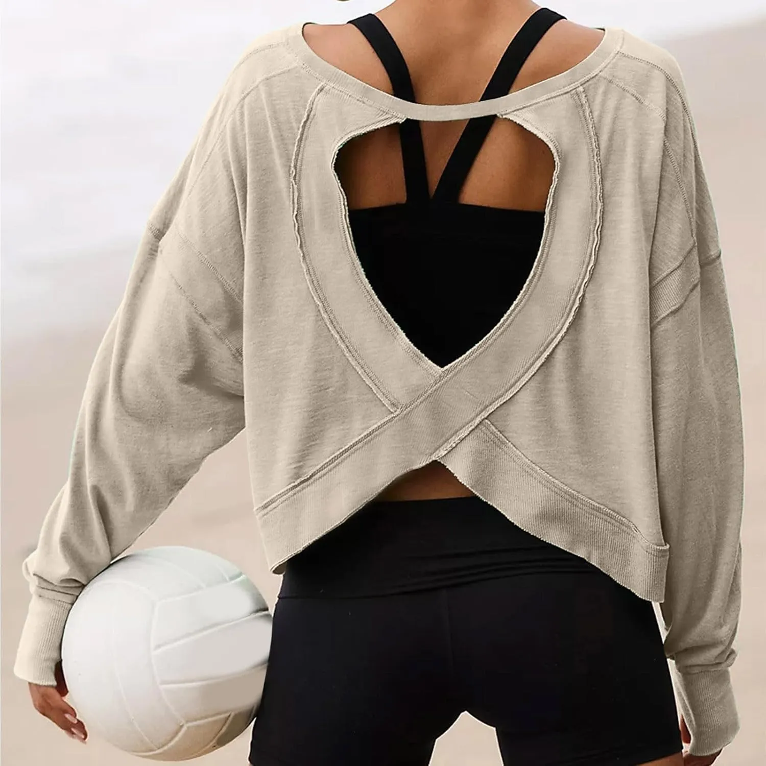 Womens Open Back Workout Tshirts Casual Solid Backless Sweatshirt Trendy Round Neck Pullover Top Loose Crop Gym Tee