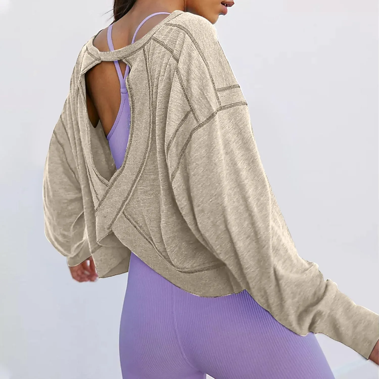 Womens Open Back Workout Tshirts Casual Solid Backless Sweatshirt Trendy Round Neck Pullover Top Loose Crop Gym Tee