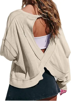 Womens Open Back Workout Tshirts Casual Solid Backless Sweatshirt Trendy Round Neck Pullover Top Loose Crop Gym Tee