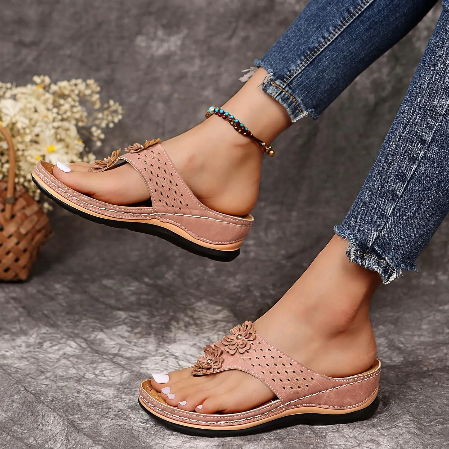Womens Orthopedic Sandals Summer Casual Flip Flops Arch Support Adjustable Straps Thick Cushion Comfortable Walking Beach Shoes
