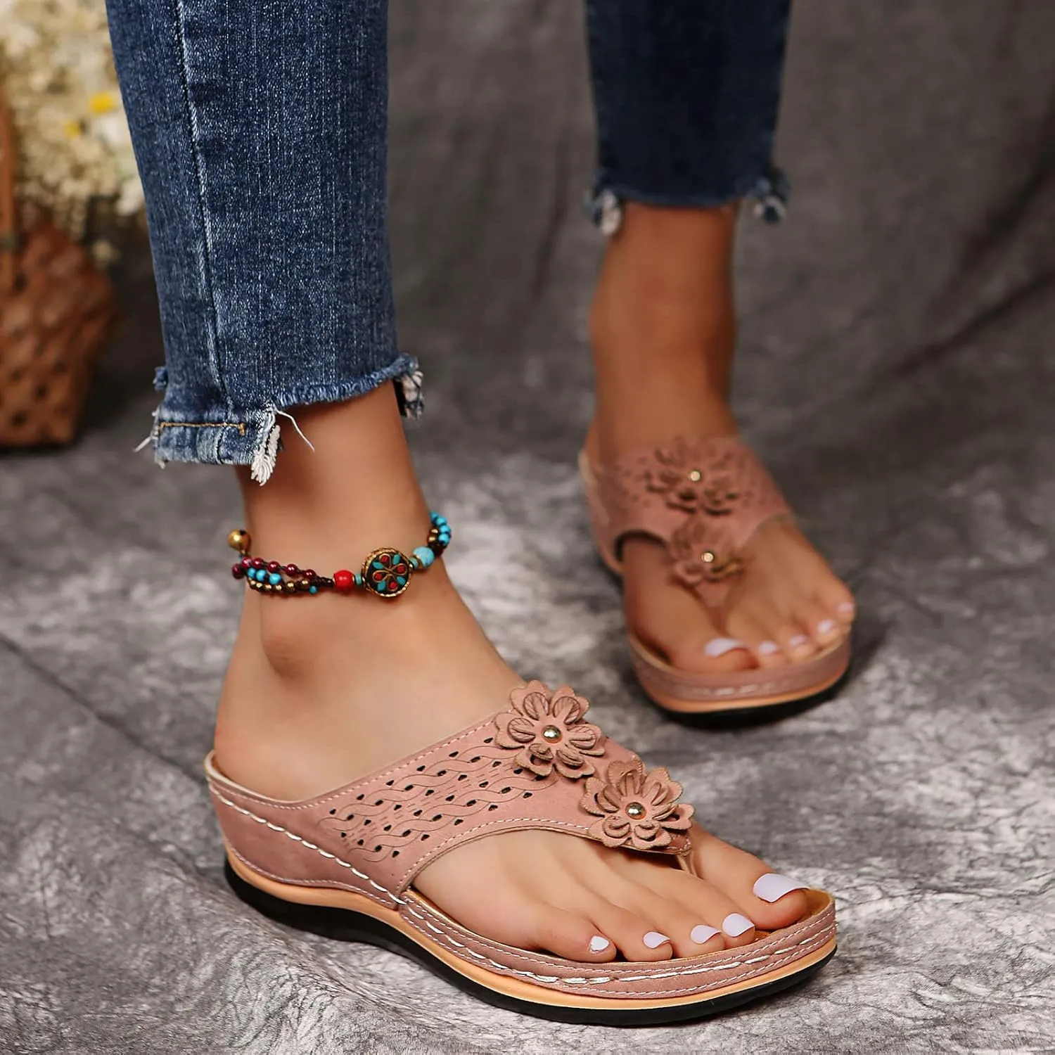 Womens Orthopedic Sandals Summer Casual Flip Flops Arch Support Adjustable Straps Thick Cushion Comfortable Walking Beach Shoes