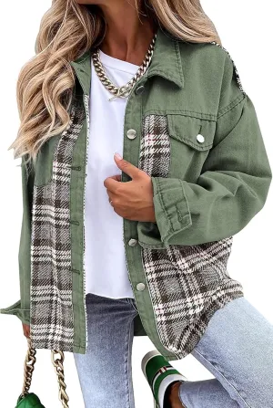 Women's Oversized Denim Shacket Jacket Plaid Long Sleeve Shirt Boyfriend Button Down Blouses Tops