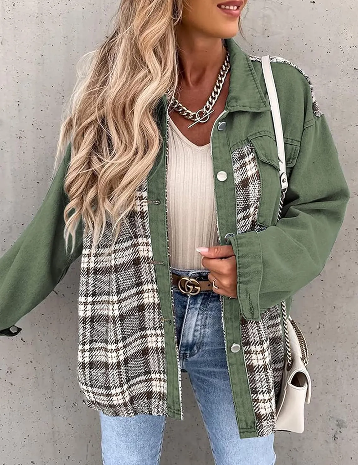 Women's Oversized Denim Shacket Jacket Plaid Long Sleeve Shirt Boyfriend Button Down Blouses Tops
