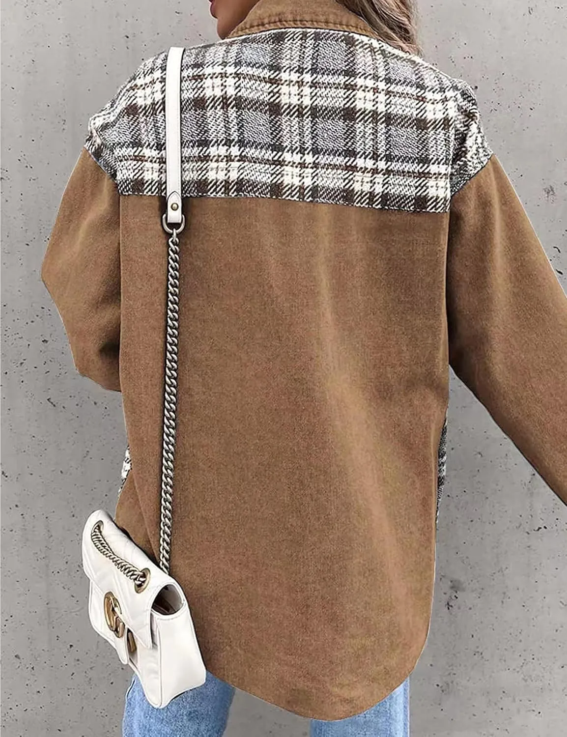 Women's Oversized Denim Shacket Jacket Plaid Long Sleeve Shirt Boyfriend Button Down Blouses Tops